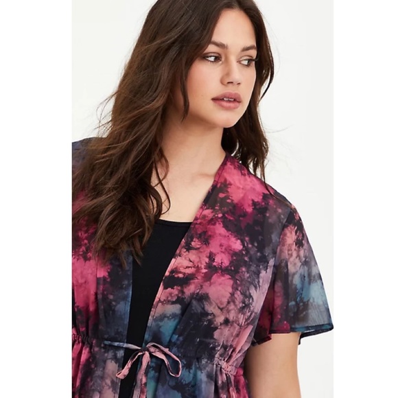 NEW Torrid Pink Teal Tie-Dye Chiffon Sheer Tie Front Kimono Duster 1X - Picture 2 of 7